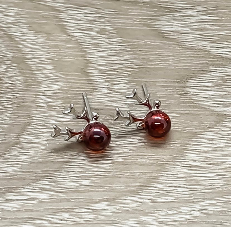 Red Reindeer Stud Earrings, Christmas Studs, Dainty Elk Earrings, Tiny Deer Antler Jewelry, Stag Earrings, Winter Jewelry, Stocking Stuffer