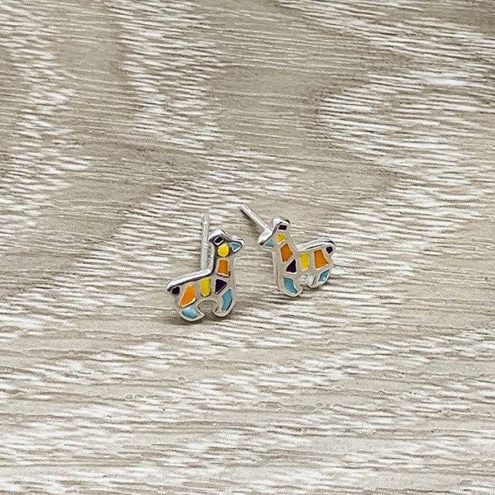 Tiny Llama Stud Earrings, Colorful Giraffe Earrings, Sterling Silver Jewelry, Alpaca Jewelry, Cute Earrings, Gift for Little Girl