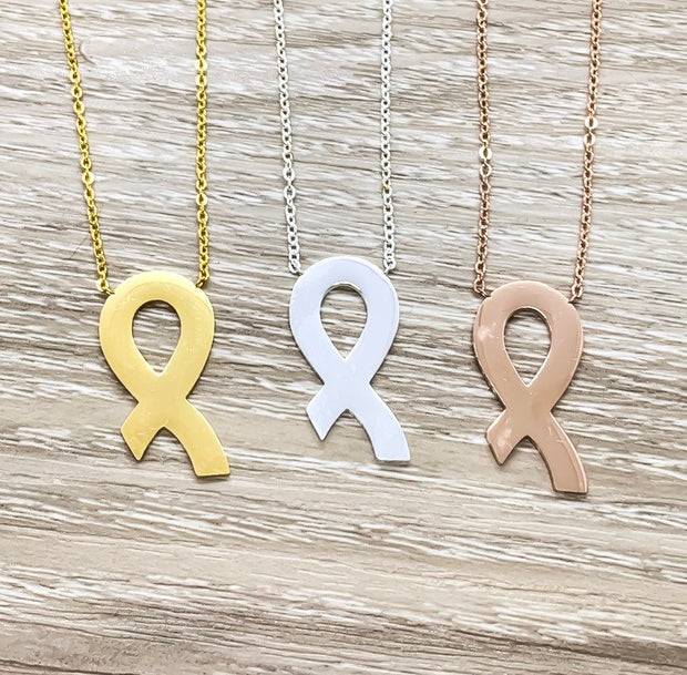 Survivor Bar Necklace, Cancer Awareness Ribbon, Rose Gold Stainless Steel Necklace, Strength Jewelry, Cancer Remission Gift, Hope Gift, Love