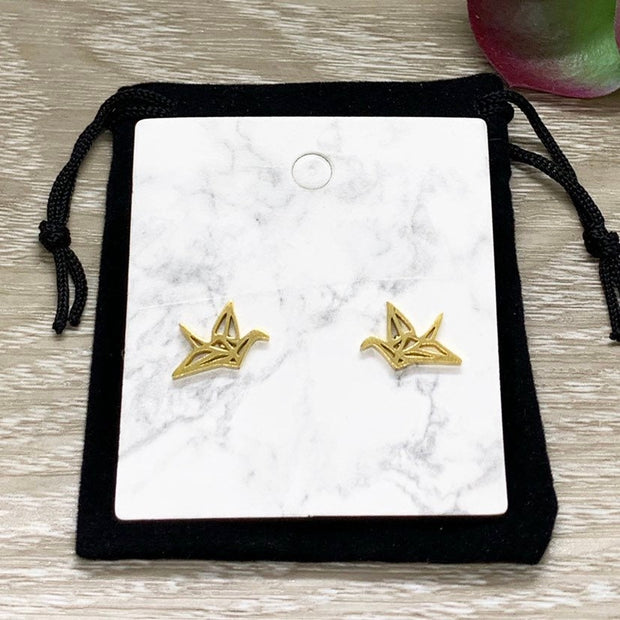 Dainty Bird Stud Earrings, Crane Earrings, Origami Birdie Jewelry, Minimalist Stud Earrings, Nature Gift, Boho Earrings, Gift for Grandma