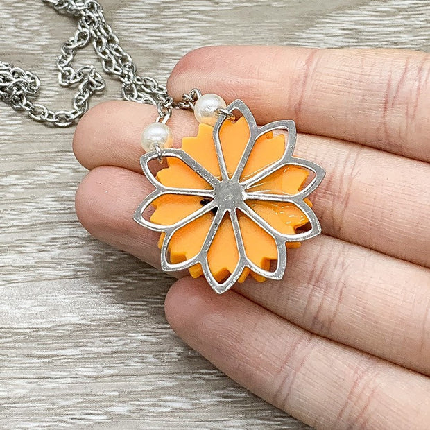 Sunflower Necklace, Orange Flower Charm Necklace, Simple Floral Jewelry, Sunshine Necklace, Simple Reminder Gift, Little Girl Necklace Gift