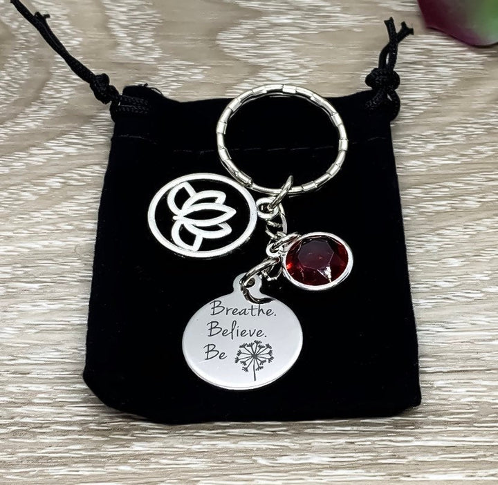 Breathe Believe Be Charm, Yoga Keychain, Namaste Gift, Gift for Yoga Teacher, Yogi Gift, Yoga Lover Keychain, Lotus Flower Charm, Birthstone