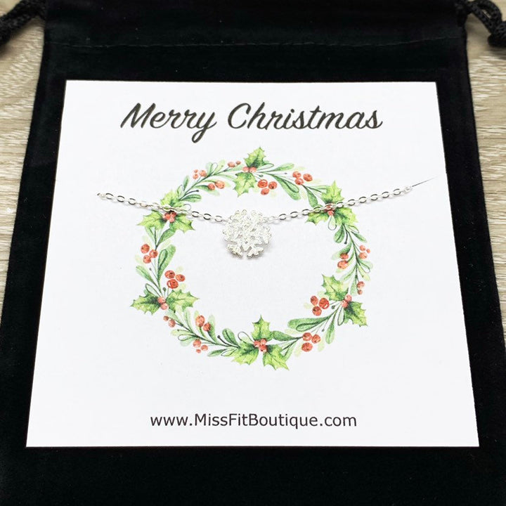 Snowflake Necklace with Card, Dainty Sterling Silver Pendant, Snowflake Jewelry, Merry Christmas Gift for Her, Long Distance Friendship