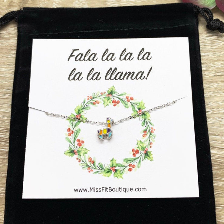 Tiny Llama Necklace with Card, Christmas, Fa La La La Llama, Sterling Silver