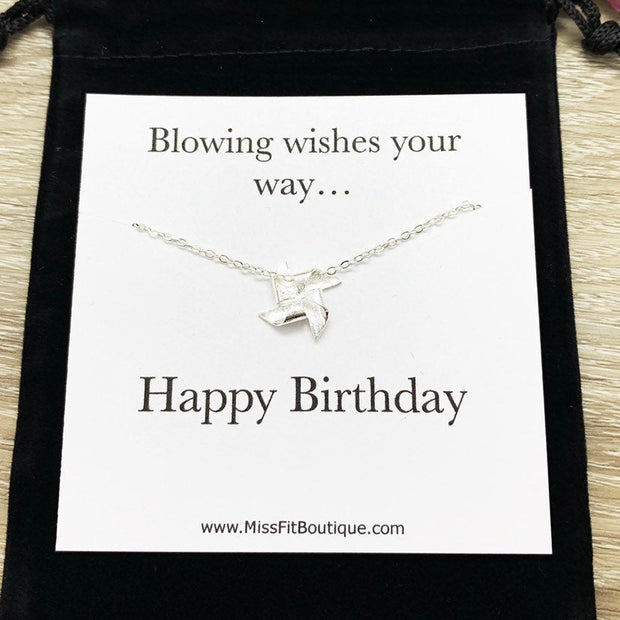 Happy Birthday Card, Pinwheel Necklace, Blowing Wishes Your Way, Gift for Best Friend, Personalized Jewelry, Gift for Niece, Birthday Gift