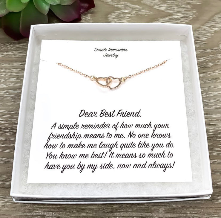 Dear Best Friend Card, Double Hearts Necklace with Gift Box, Two Heart Pendant, Gift for Friend, Friendship Gift, Birthday Gift