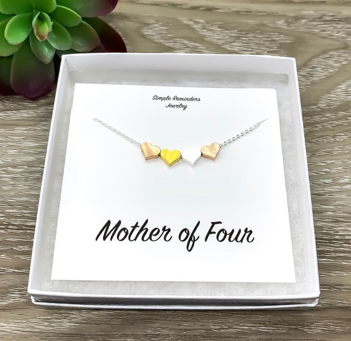 Mother of Four Necklace with Gift Box, Multiple Hearts Necklace, 4 Heart Pendants, Gift for Mom from Kids, Gift for Mama
