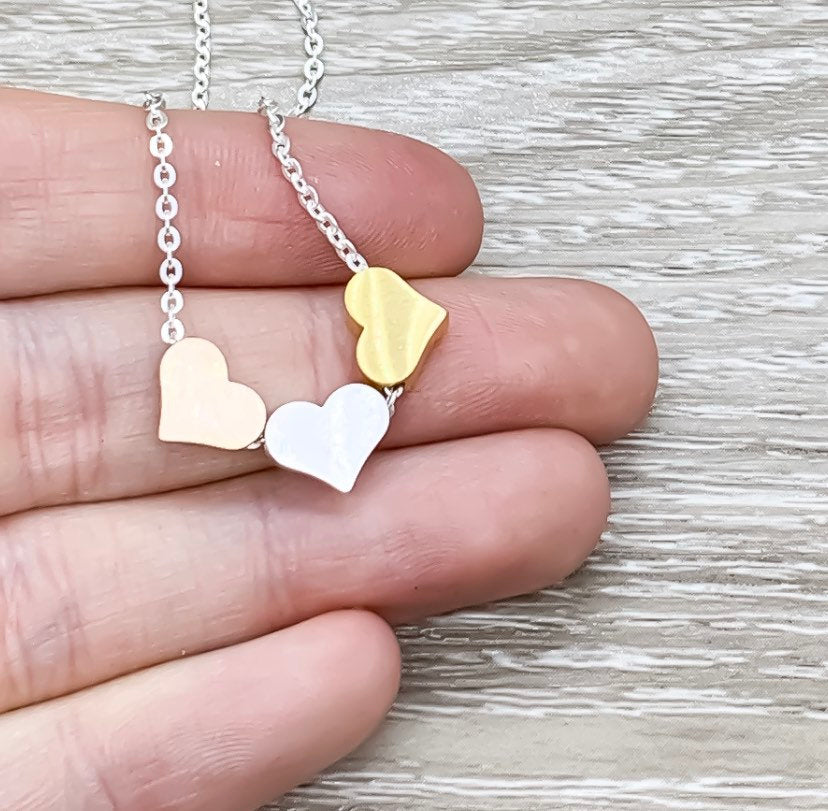 Mother of Three Necklace with Gift Box, Multiple Hearts Necklace, 3 Heart Pendants, Gift for Mom from Kids, Gift for Mama