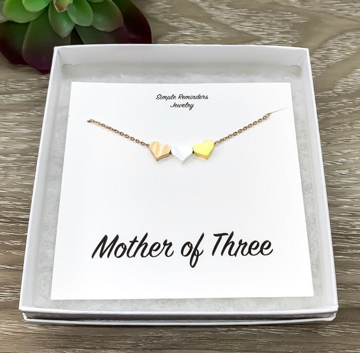 Mother of Three Necklace with Gift Box, Multiple Hearts Necklace, 3 Heart Pendants, Gift for Mom from Kids, Gift for Mama