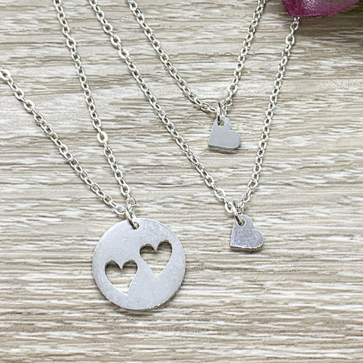 Mother of 2 Gift, Sharable Necklace Set for 3, Gift for Mom Matching Necklaces, Tiny Heart Cutout Pendant, Gift for Mom from Kids