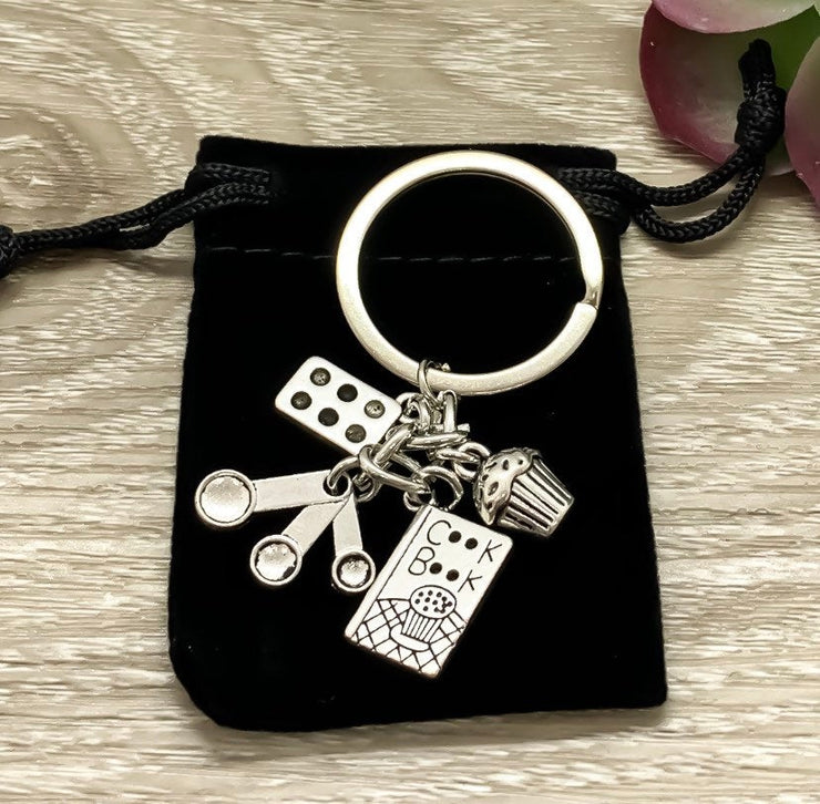 Baking Keychain, Baker Gifts, Cooking Keychain, Tiny Measuring Spoons Charm, Cook Charms, Stocking Stuffers, Unique Keychain, Gift for Her