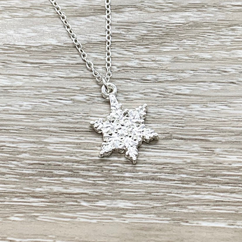 Snowflake Necklace with Card, Dainty Winter Jewelry, Silver Snowflake Pendant, Happy Holidays Gift for Her, Long Distance Friendship