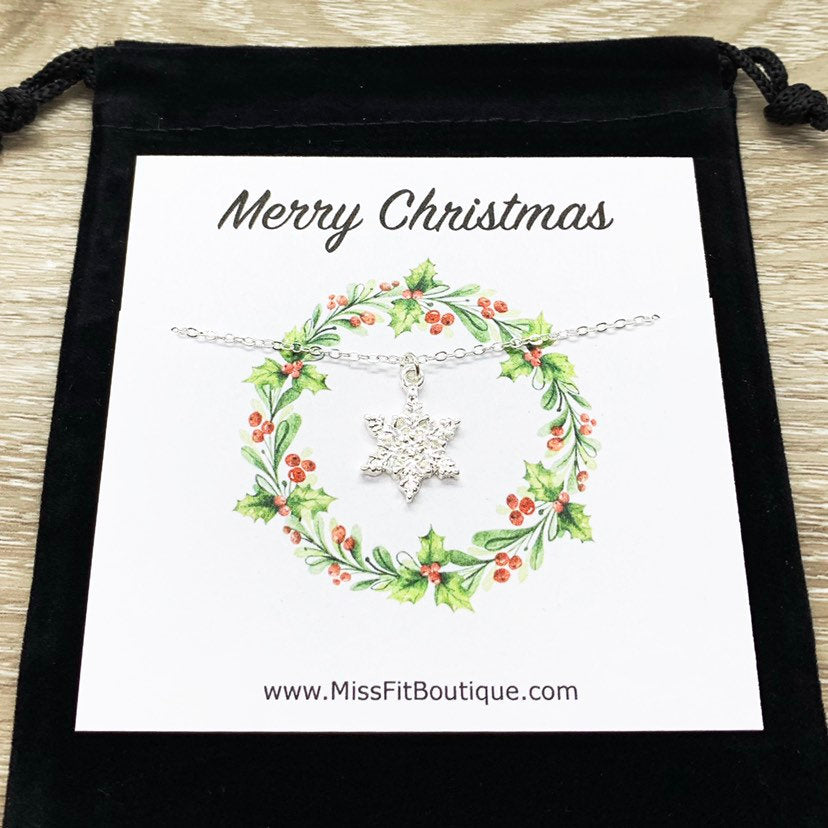 Snowflake Necklace with Merry Christmas Card, Dainty Winter Jewelry, Silver Snowflake Pendant, Gift for Her, Long Distance Friendship