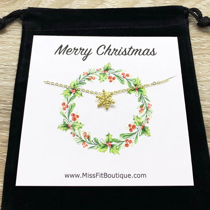 Tiny Snowflake Necklace with Personalized Card, Dainty Winter Jewelry, Snowflake Pendant, Happy Holidays Gift for Her, Secret Santa Gift