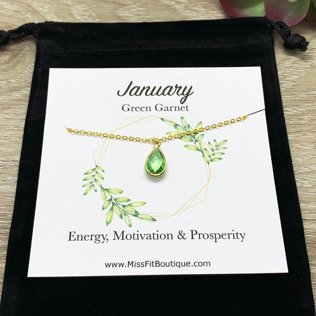 January Birthstone Necklace, Green Garnet Pendant, Dainty Crystal Charm Necklace, Personalized Birthday Gift for Her, Meaningful Jewelry