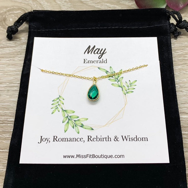 May Birthstone Necklace, Emerald Pendant, Dainty Crystal Charm Necklace, Personalized Birthday Gift for Her, Meaningful Jewelry, Mom Gift