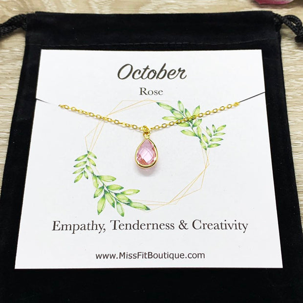 October Birthstone Necklace, Rose Pendant, Dainty Crystal Charm Necklace, Personalized Birthday Gift for Her, Meaningful Jewelry, Mom Gift