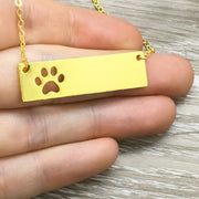 Paw Print Bar Necklace, Dainty Paw Pendant, Minimal Pet Jewelry, Cat Lover Gift, Dog Owner Gift, Paw Prints on your Heart Quote, Pet Loss