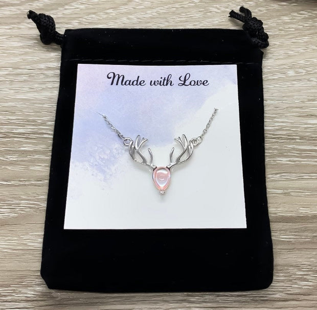 Reindeer Necklace, Dainty Moonstone Pendant, Merry Christmas Card, Moose Necklace, Deer Antler Jewelry, Stag Necklace, Winter Jewelry