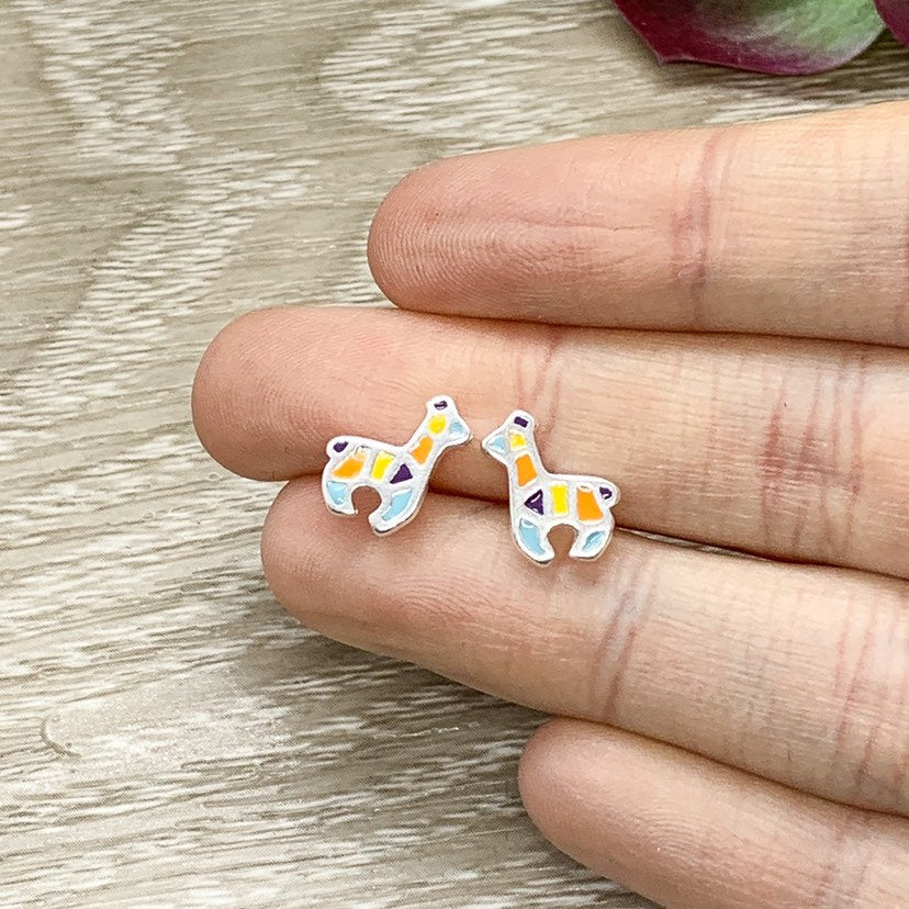 Tiny Llama Stud Earrings, Colorful Giraffe Earrings, Sterling Silver Jewelry, Alpaca Jewelry, Cute Earrings, Gift for Little Girl