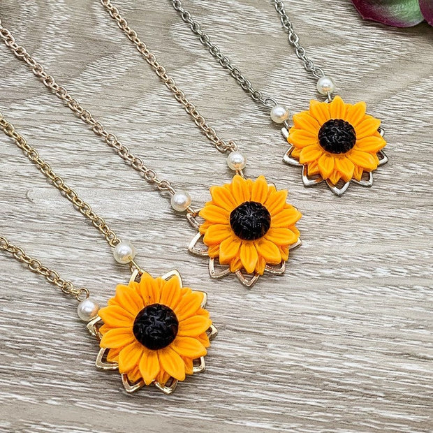 Sunflower Necklace, Orange Flower Charm Necklace, Simple Floral Jewelry, Sunshine Necklace, Simple Reminder Gift, Little Girl Necklace Gift