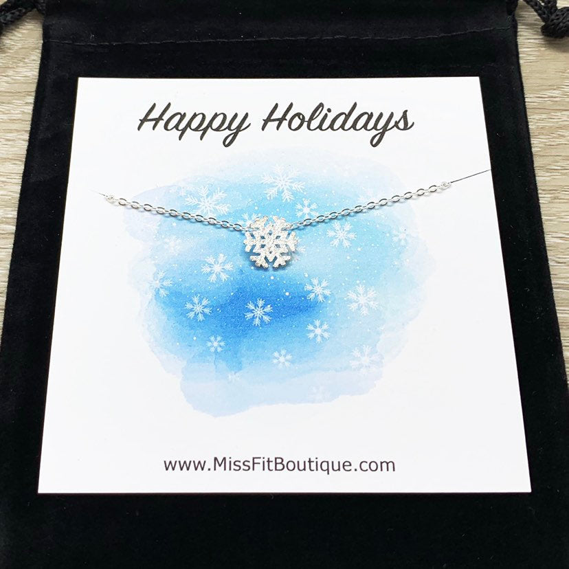 Snowflake Necklace with Card, Dainty Sterling Silver Pendant, Snowflake Jewelry, Merry Christmas Gift for Her, Long Distance Friendship