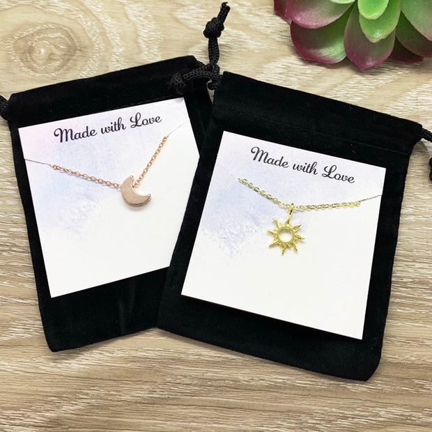 Sun and Moon Necklace Set for 2, Friendship Necklaces, Dainty Celestial Jewelry, Crescent Moon Pendant, Grad Gift for Best Friend