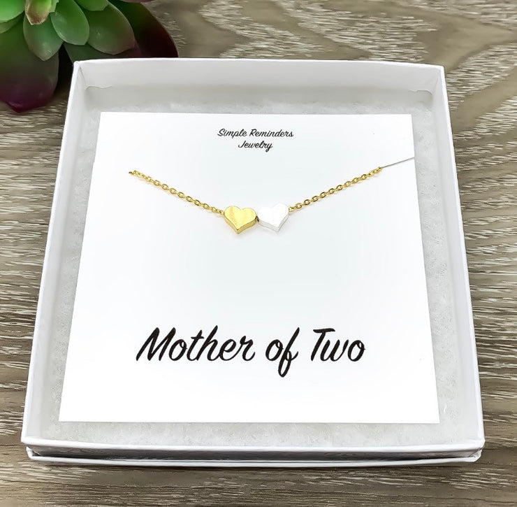 Mother of Two Necklace with Card, Multiple Hearts Necklace, 2 Heart Pendants, Gift for Mom from Kids, Gift for Mama, Mama Necklace
