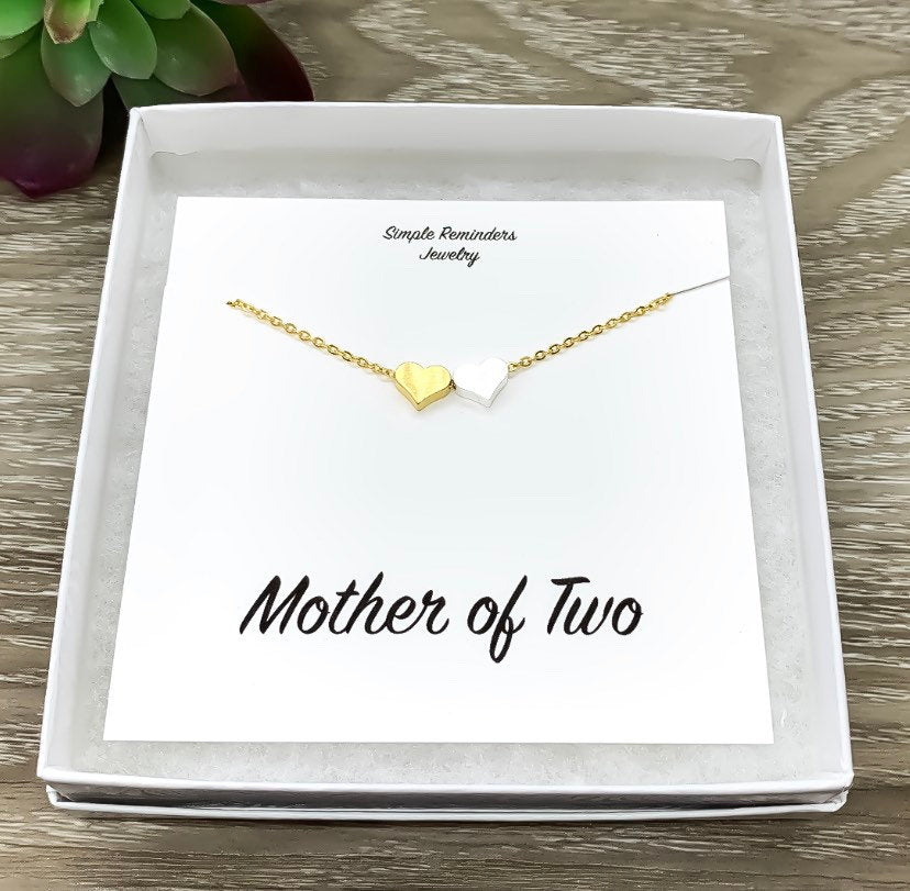 Mother of Two Necklace with Gift Box, Multiple Hearts Necklace, 2 Heart Pendants, Gift for Mom from Kids, Gift for Mama