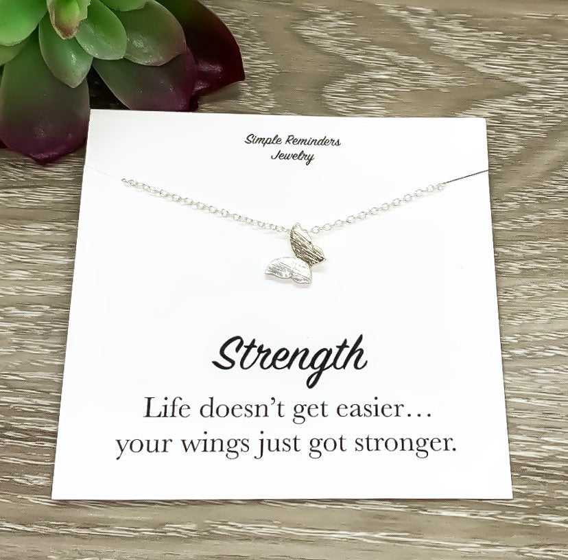 Butterfly Necklace with Box, Inspirational Card, Dainty Jewelry, Wings Got Stronger, Strength Jewelry Gift, Butterfly Pendant, Friend Gift
