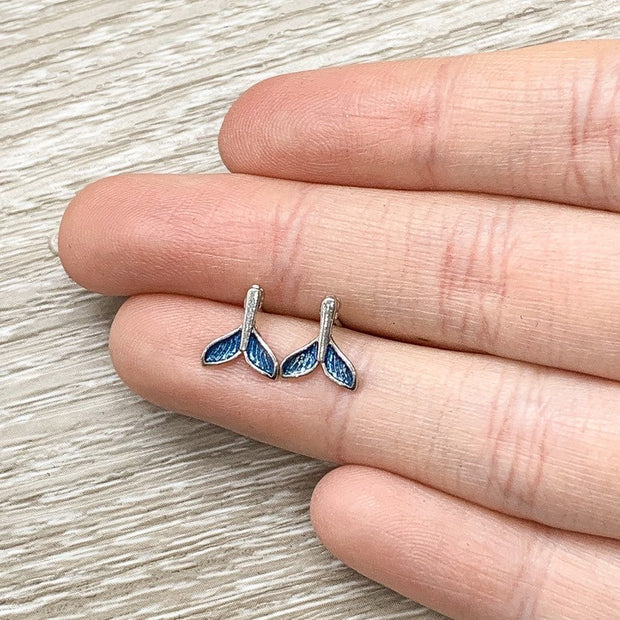 Tiny Blue Tail Stud Earrings, Mermaid Jewelry, Whale Tail Earrings, Sterling Silver Jewelry, Mermaid Life Gift, Whimsical Jewelry, Dolphin