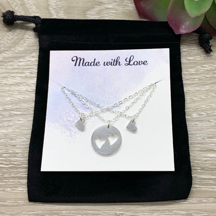 Mother of 2 Gift, Sharable Necklace Set for 3, Gift for Mom Matching Necklaces, Tiny Heart Cutout Pendant, Gift for Mom from Kids