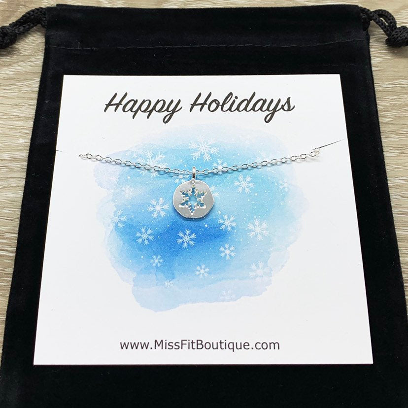 Snowflake Necklace with Card, Dainty Winter Jewelry, Snowflake Pendant, Happy Holidays Gift for Her, Long Distance Friendship