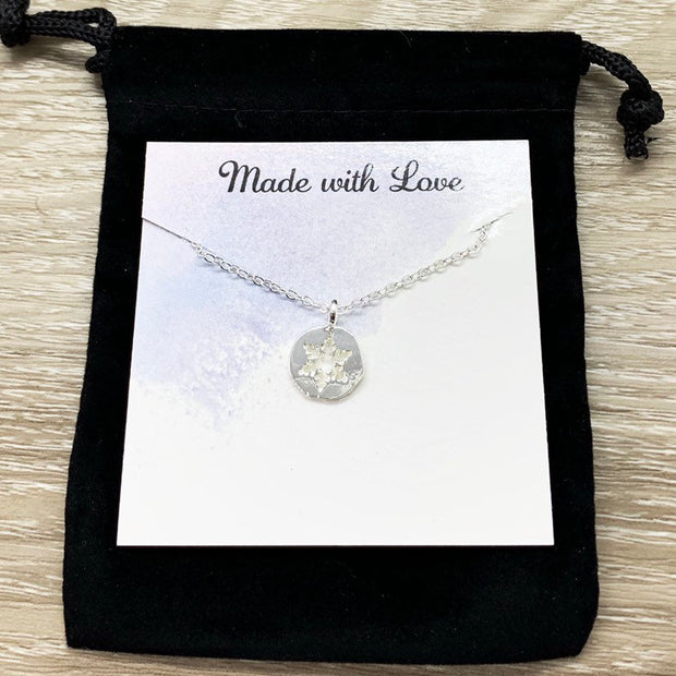 Snowflake Necklace with Card, Gift for Special Friend, Dainty Winter Jewelry, Snowflake Pendant, Happy Holidays Gift for Her, Long Distance