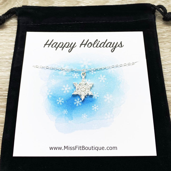 Snowflake Necklace with Card, Dainty Winter Jewelry, Silver Snowflake Pendant, Happy Holidays Gift for Her, Long Distance Friendship