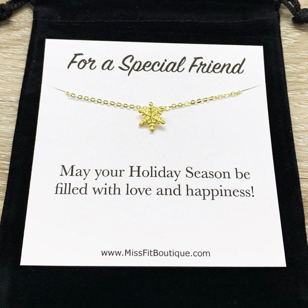 Tiny Snowflake Necklace with Custom Card, Dainty Winter Jewelry, Snowflake Pendant, Happy Holidays Gift for Her, Secret Santa Gift