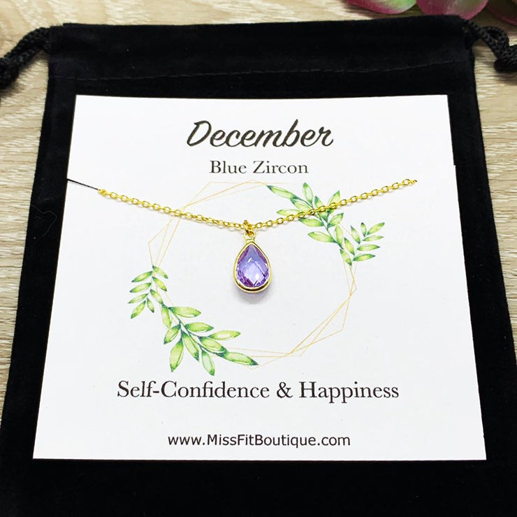 December Birthstone Necklace, Blue Zircon Pendant, Dainty Crystal Charm Necklace, Personalized Birthday Gift for Her, Meaningful Jewelry