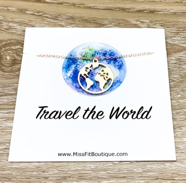 Travel the World Gift, World Map Pendant, Planet Earth Necklace, Gift for Traveler, Going Away Card, Travel Gift, Bon Voyage, Graduate Gift