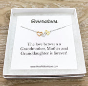 3 Hearts Necklace, Three Generations Pendant with Card , Dainty Heart Necklace, Grandmother Gift, Grandma Necklace, Sterling Silver Jewelry