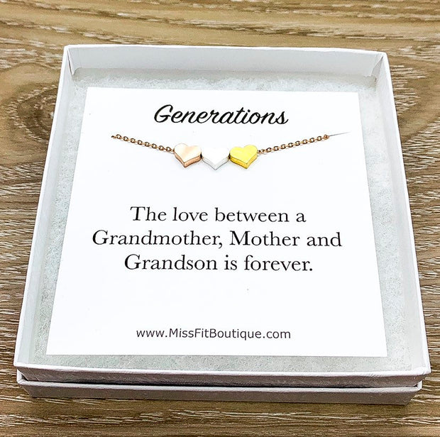 Tiny 3 Hearts Necklace with Message Card, Three Generations Gift, Grandson Mother Grandmother, Grandma Necklace, Gift from Grandson, Minimal