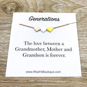 Tiny 3 Hearts Necklace with Message Card, Three Generations Gift, Grandson Mother Grandmother, Grandma Necklace, Gift from Grandson, Minimal