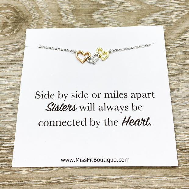 3 Heart Sister Necklace with Card, Sterling Silver Jewelry, Side by Side or Miles Apart, Sister Quote Gift, Gift for Sister, Sister Keepsake