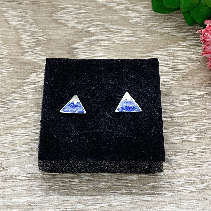 Blue Triangle Stud Earrings, Mountain Earrings, Sterling Silver Studs, Minimalist Jewelry, Travel Jewelry, Birthday Gift, Winter Jewelry