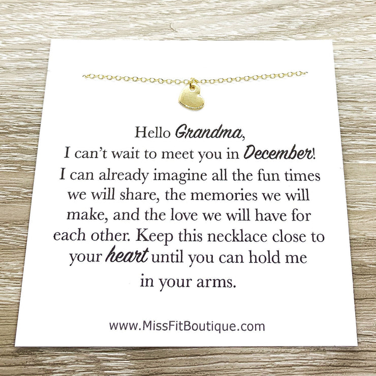Hello Grandma Card, Tiny Heart Necklace, Gift for New Grandma, Pregnancy Announcement Gift, Grandmother Necklace, New Baby Reveal Gift