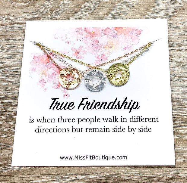 True Friendship Necklace Set for 3, Compass Necklace, Personalized Card, Gift for Best Friend, BFF Gift, Bestie Gifts, Gift Exchange for Her