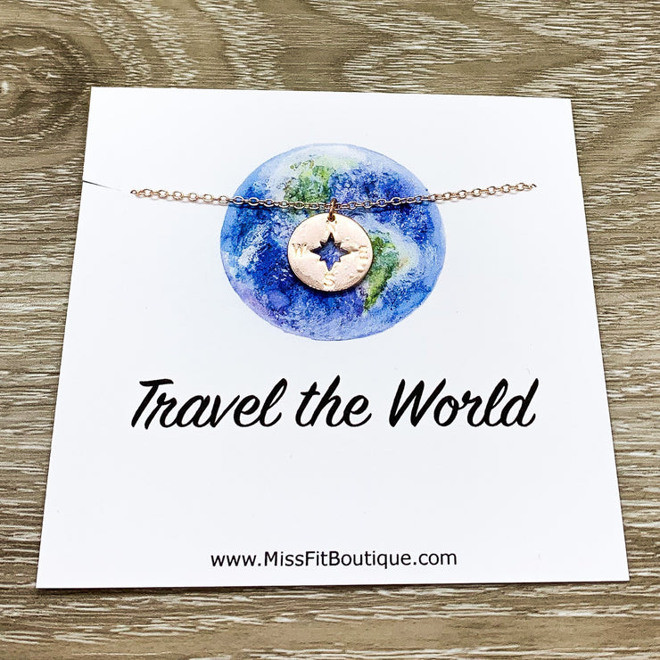 Travel the World Gift, Compass Pendant Necklace, Gift for Traveler, Going Away Card, Travel Gift, Bon Voyage, Graduate Gift, Personalized