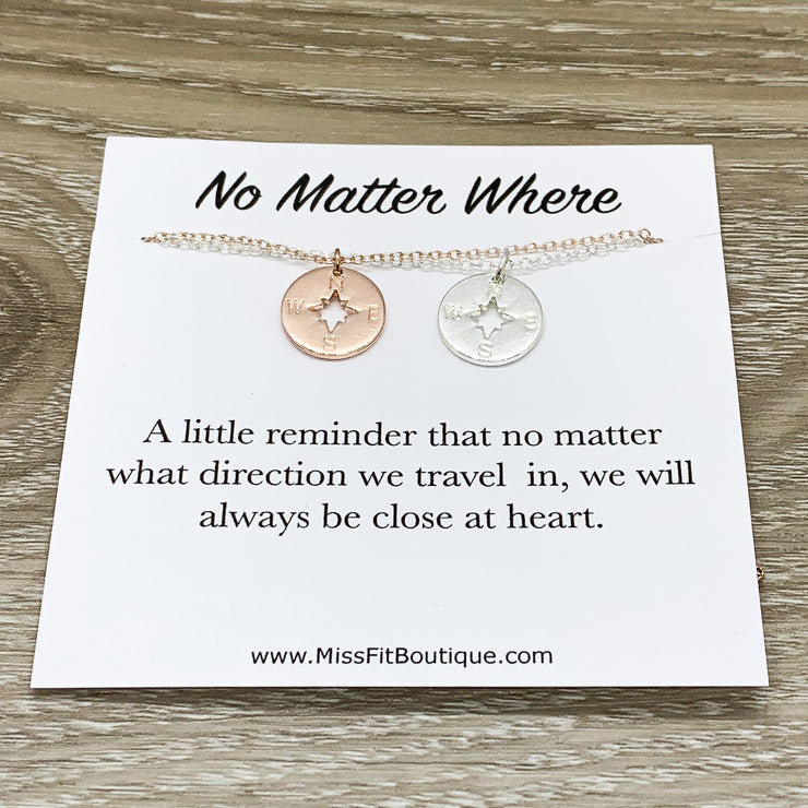 Compass Necklace Set for 2, No Matter Where Card, Motivational Gift, Gift for Best Friend, Travel Gift, Gift for Sister