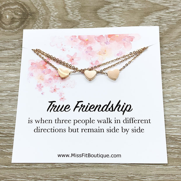 True Friendship Quote, Matching Heart Necklace Set for 3, Long Distance Friends, Simple Reminder Gift, Gift for Bestie, Gift for Best Friend