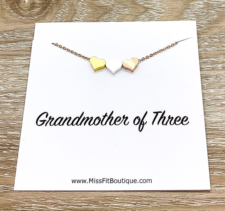 GrandMother of Three Gift, 3 Hearts Necklace with Personalized Card, Mother Necklace, Gift for Mom, Gift for Mom Jewelry, Dainty Necklace
