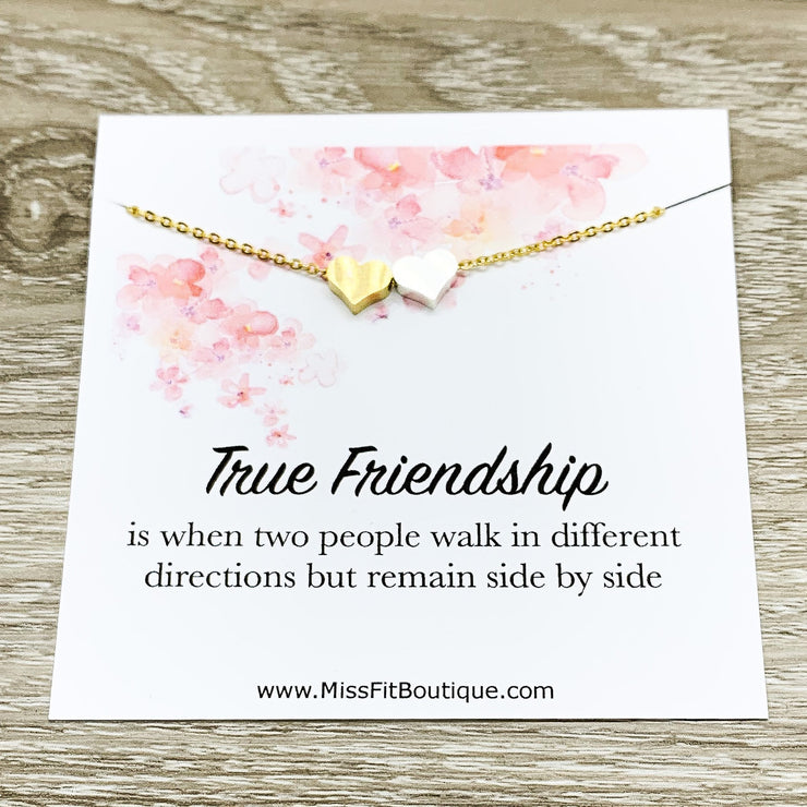 True Friendship Quote Necklace, 2 Hearts Pendant Necklace, BFF Necklace, Gift for Best Friend, Personalized Message Card, Birthday
